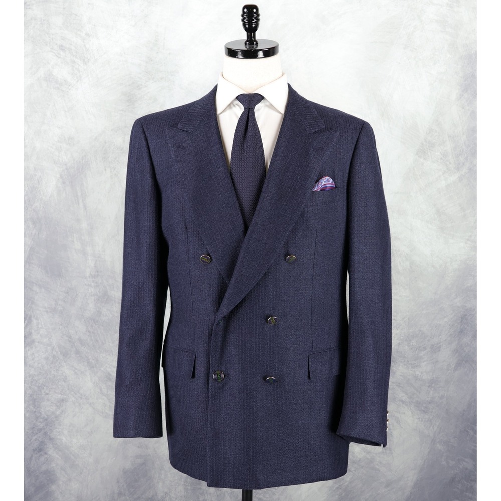 Brioni Blazer Mens 44R Navy Blue Double Breasted Peak Lapel Wool Silk Italy